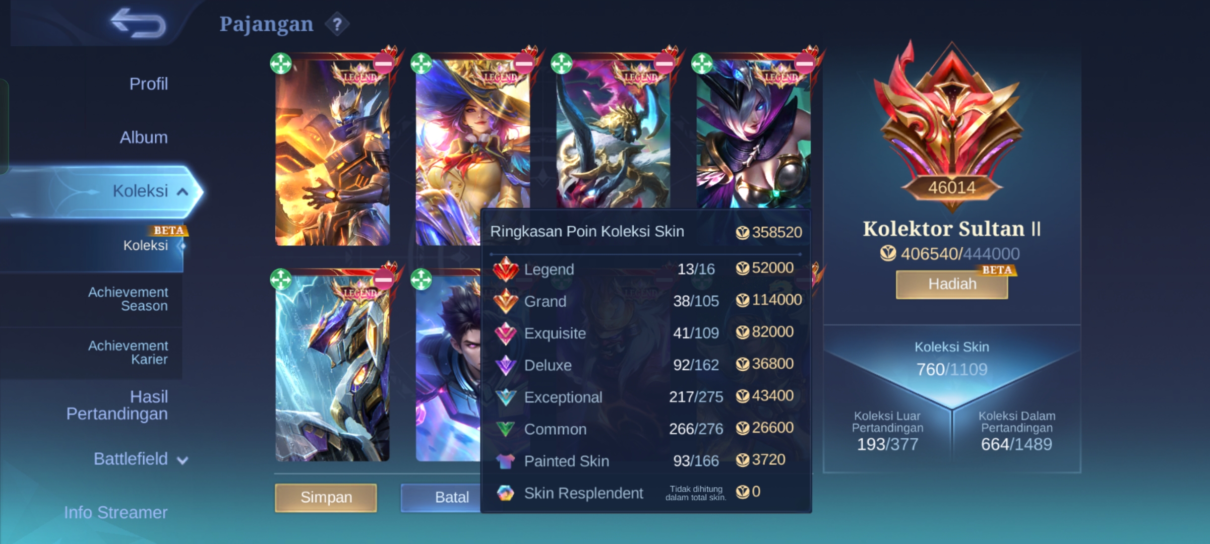 Akun Sultan 13 skin legend. Ex Mithyc Immortal